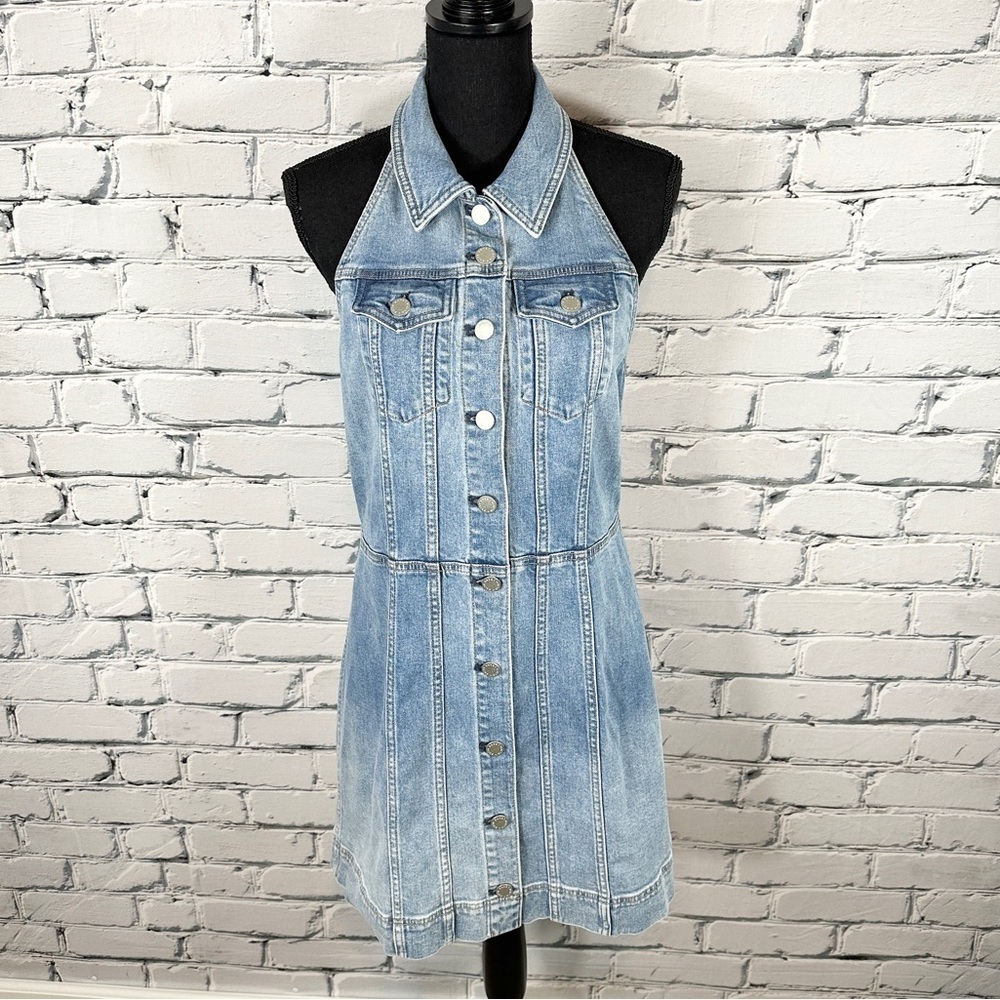 Alice + Olivia Kendall Denim Halter Mini Dress Size 12 Ivy Blue Festival Western - Picture 2 of 15